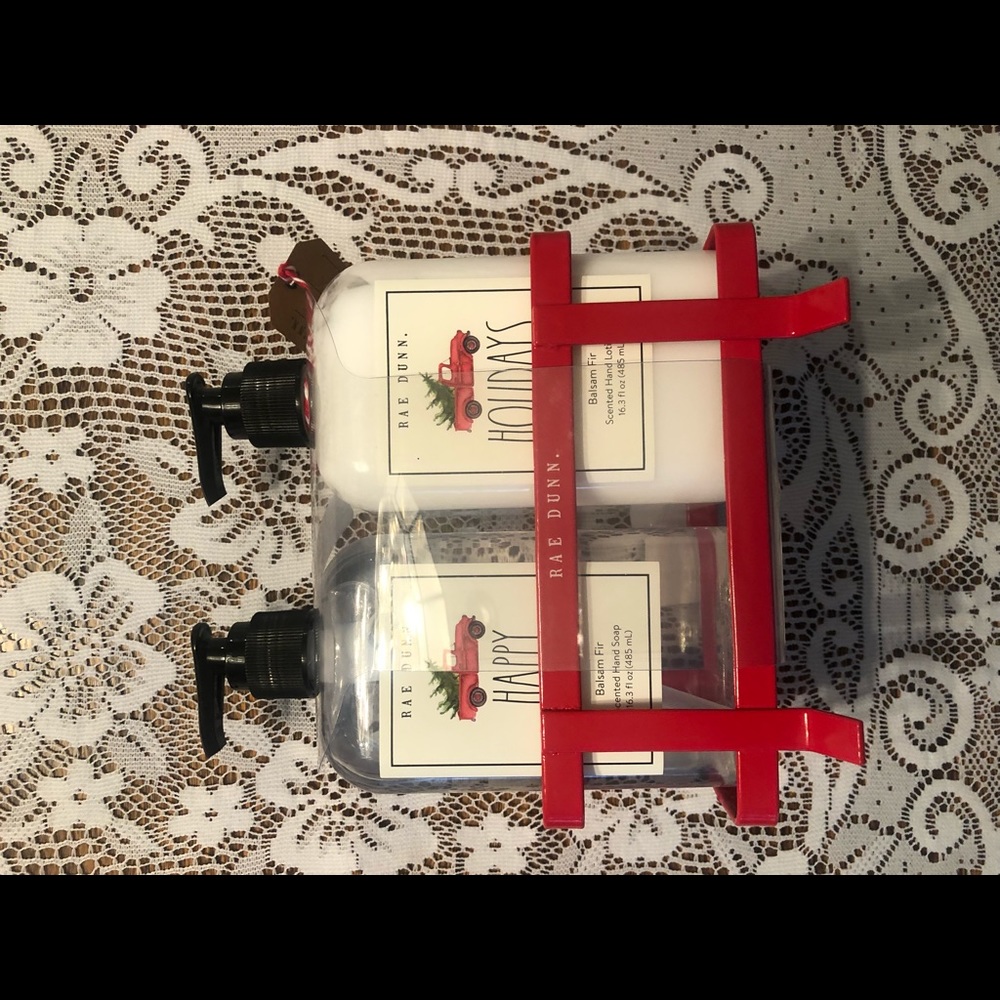 RAE DUNN HAPPY HOLIDAYS hand soap and lotion set in balsam fir